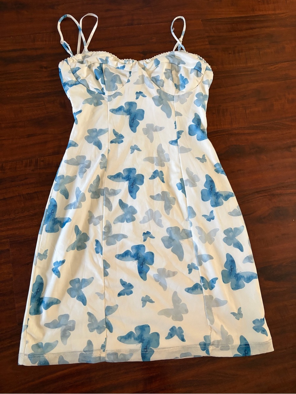 Princess Polly Cream Dress with Blue Butterfly Accents